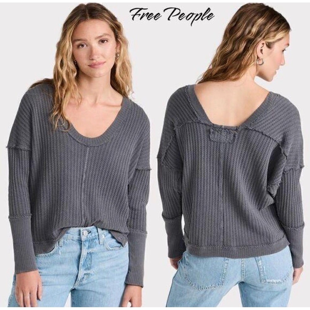 Free People We The Free New Magic Thermal‎ Top Gray XS Waffle Knit Pullover Boho